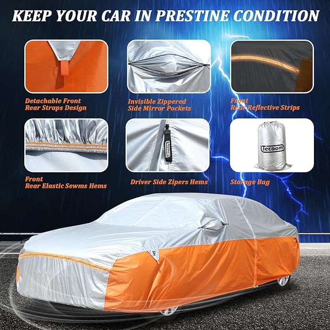 Tecoom Waterproof All Weather Sedan Car Cover, Windproof Storm Full Exterior Cover with 3 Gust Straps, Mirror & Door Zipper, UV Sun Snow Protection, Fit for Sedan (170"–190")