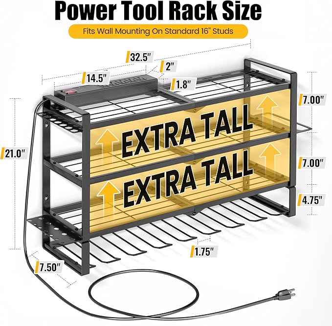 MOOMSINE Large Power Tool Organizer Wall Mount with Charging Station, 400lbs Metal Storage Rack with 8 Cordless Drill Holder, 4 Tier Heavy Duty Battery Tool Shelf with 5 Outlet Power Strip for Garage