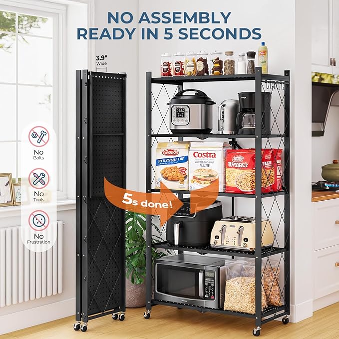 Upgraded 18% Thickened Portable 5-Tier Foldable Storage Shelves with Wheels Heavy Duty Storage Shelf Collapsible Shelves Unit Display for Garage Storage Kitchen Pantry & Closet Organizer, Black