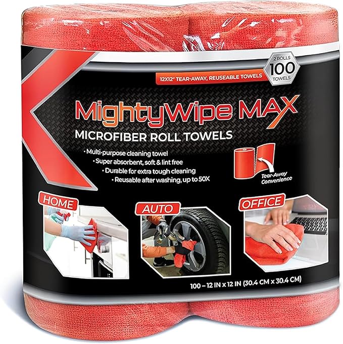Berk Wiper MIGHTYWIPE Max (50 Microfiber Towels per Roll, 2 Roll) Reusable Microfiber Towel Rolls, Latex-Free and Lint-Free for Effective Wiping, Red