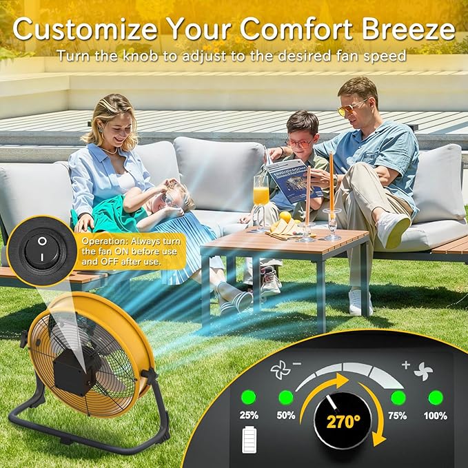 T-SUNUS 12" Rechargeable Floor Fan, 1500 CFM High Velocity Cordless Fan with 13200mAh Battery, 27H Runtime, Metal Industrial Fan, 360° Tilt, AC Charger for Camping, RV, Garage & Emergency