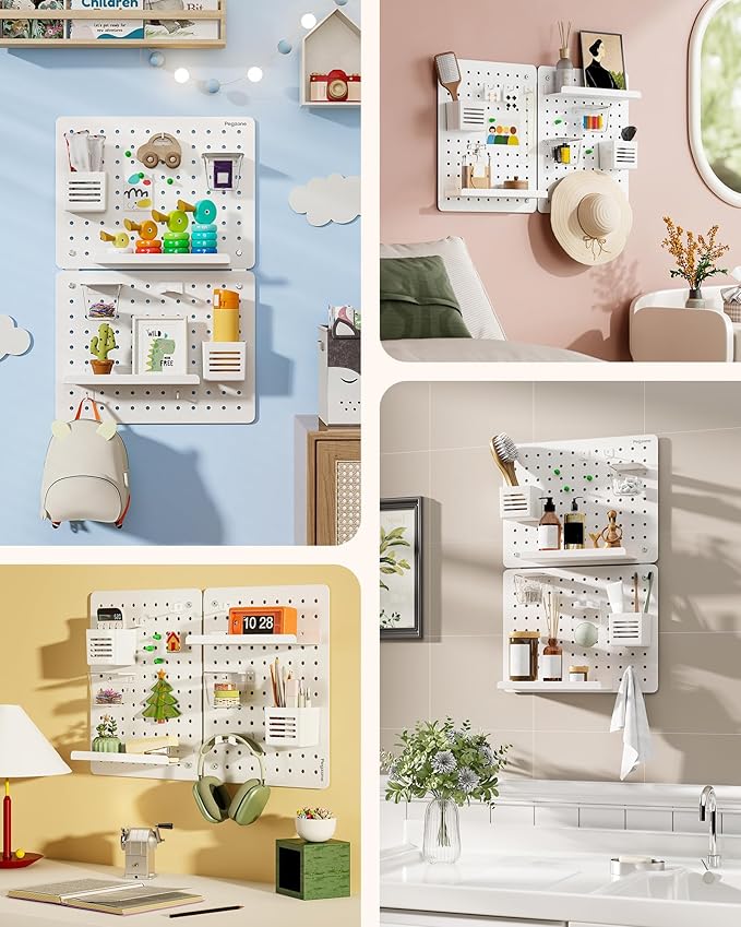 PEGZONE Pegboard Wall Organizer Combination Kit, Overall 25.4"x16.6" Metal Office Pegboard with 13 Accessories, Wall Mounted Peg board Display Panels for Home, Gaming Room, Garage (2Pcs,White)