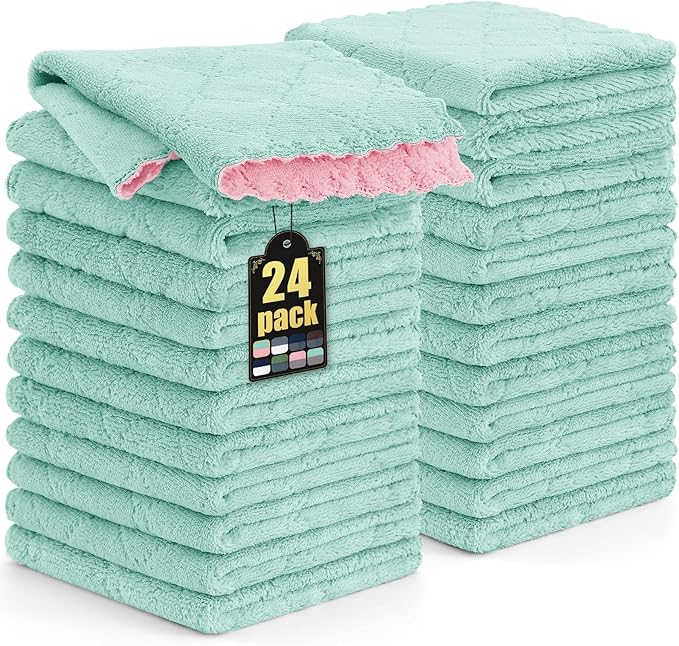 Mordimy 24 Pack Kitchen Cloths Dish Towels (10" x 10", Green & Pink), Super Soft and Absorbent Dish Cloths, Coral Velvet Microfiber Cleaning Cloth, Nonstick Oil Fast Dry Dishcloths