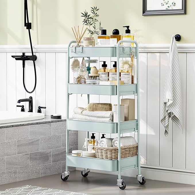TOOLF 4-Tier Rolling Cart - Metal Storage Organizer with Lockable Wheels, 44 lbs Per Shelf Capacity, Tool-Free Assembly, for Kitchen Bathroom Office Laundry Room Nursery, Green