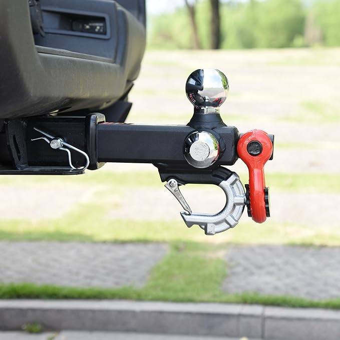 Trailer Hitch Tri-Ball Mount: with Swivel Tow Shackle and Tow Hook, fits for 2-inch Receiver, Chrome Trailer Ball Size 1-7/8", 2" and 2-5/16" and 5/8" Hitch Lock Pin