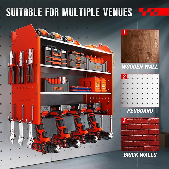 Power Tool Organizer Wall Mount, Garage Tool Organizer with 4 Drill Holders for Cordless Tools.Heavy Duty Drill Holder Wall Mount with Hooks.Red