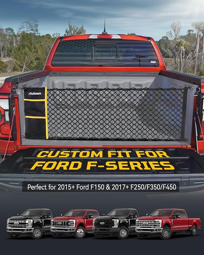 AUTOWN Truck Bed Cargo Net, Envelope Style Bed Netting for 2015+ Ford F150 & 2017+ F250/F350/F450, Pickup Truck Bed Organizer with 5mm Bungee & Integrated Storage Bag & Eyebolts & Carabiners