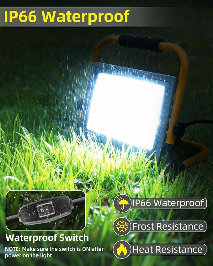 8400LM LED Work Light with 16FT Cord & Switch, 70W Outdoor Flood Light, IP66 Waterproof Portable Job Site Lighting with Stand, 5000K Dayight Worklight for Construction Garage Workshop Car Repairing