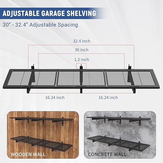 2 Pack Garage Wall Shelf, Heavy Duty Garage Shelving, 46"X 12.5" Wall Mounted Floating Shelves, Metal Hanging Storage Rack with 8 Hooks, Utility Organizer Max Load 320 LBS for Laundry Room, Workshop