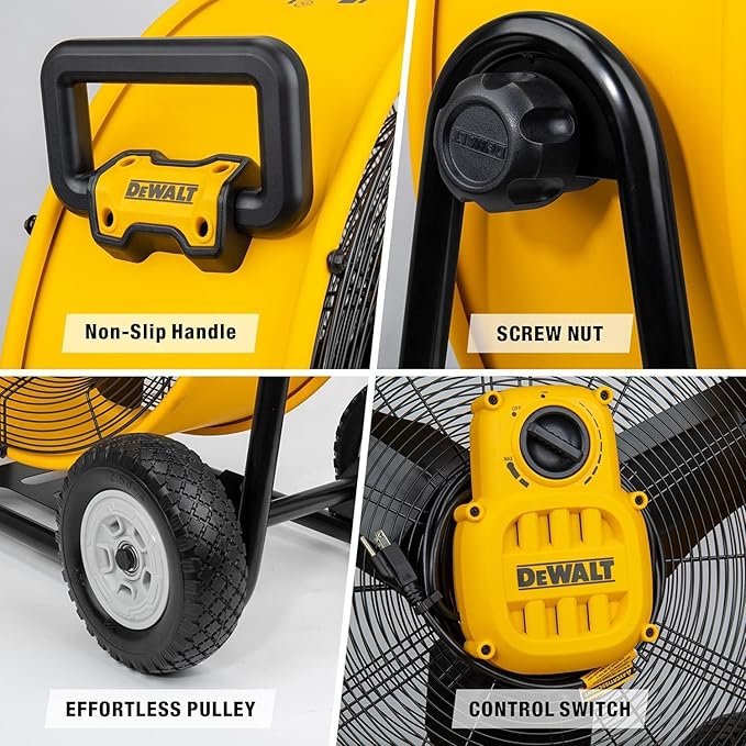 DEWALT Drum Fan High-Velocity Industrial, Drum, Floor, Barn, Warehouse Fan, Heavy Duty Air Mover with Adjustable Tilt & Large Wheel, 24", Yellow DXF2490