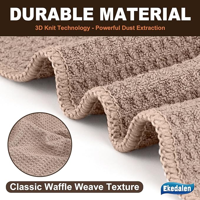 Microfiber Cleaning Cloth Waffle Weave for Dusting Absorbent Towel Quick Drying Dust Rags Household Kitchen, Lint Free Streak Free, 6 Pack,12 x 12 Inches, Khaki