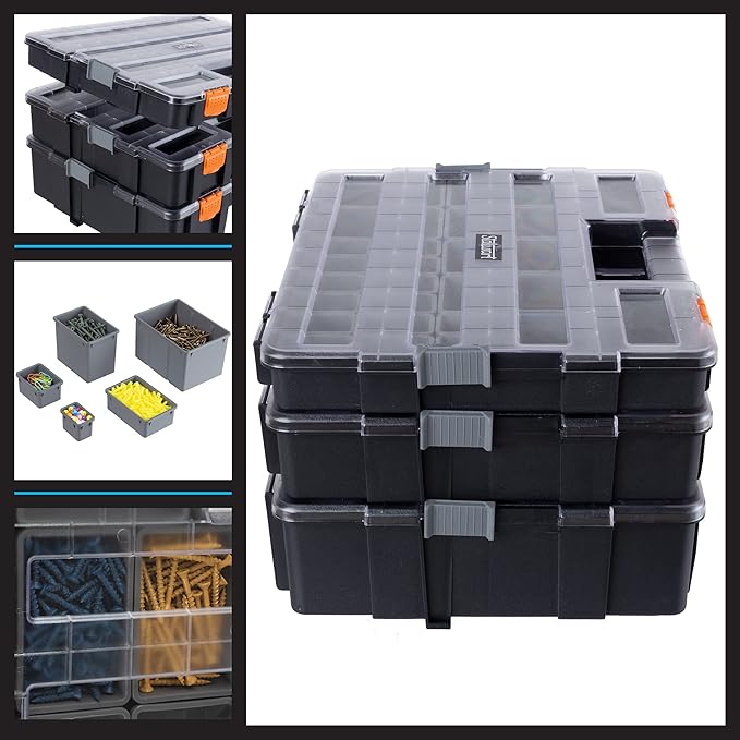 Tool Box Organizer - 3-in-1 Portable Parts Organizer with 52 Customizable Compartments to Store Hardware, Craft Supplies, or Beads by Stalwart (Gray)