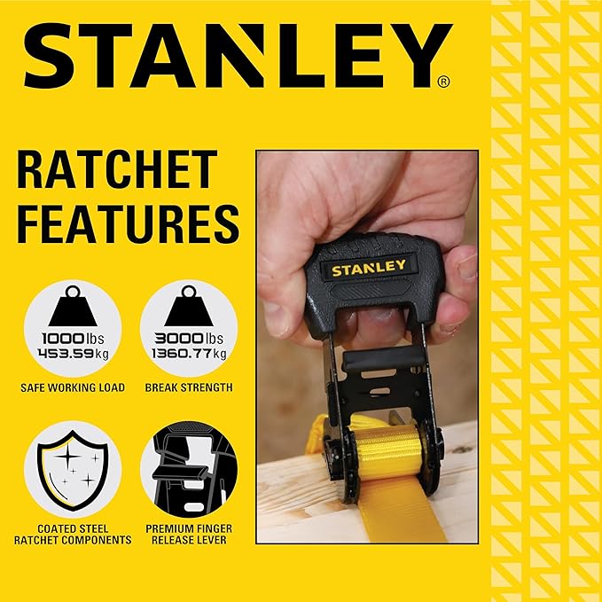 STANLEY S1020 1.25" x 16' Pre-Threaded Ratchet Straps - 1,000 LBS Safe Working Load / 3,000 LBS Break Strength, 2 Pack