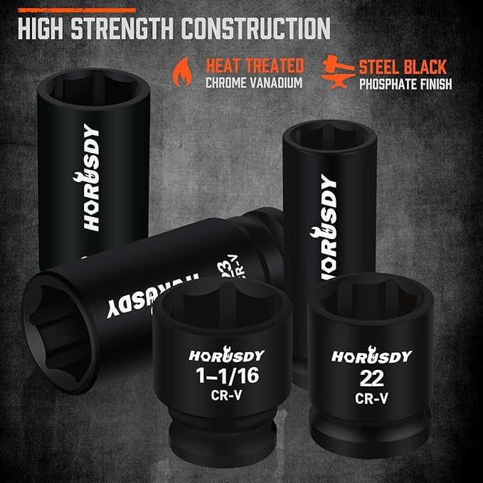 HORUSDY 1/2" Drive Impact Socket Set, 67 Piece, SAE (3/8" to 1-1/4") and Metric (8-24mm), 6 Point, Cr-V, Includes 1/2-Inch Drive Ratchet Handle, Extension Bar, Universal Joint and Adapter