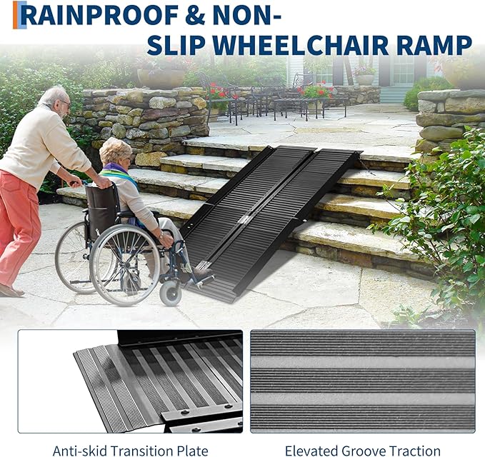2FT Portable Wheelchair Ramp, Black Non-Slip Aluminum Wheelchair Ramp with Handle, Folding Ramps for Home Steps, Doorways, Thresholds, Curbs, Stairs, 800 LBS Capacity