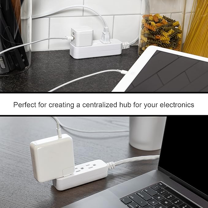 GE Designer 3-Outlet Power Strip, 1 Ft Braided Extension Cord, 3 Grounded Outlets, Flat Plug, Mini Cord, Premium, White, 45190 (Pack of 12)