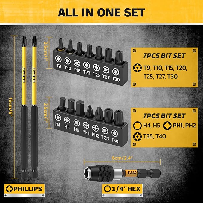 Magnetic Nut Driver Bit Set, 35-Piece Extra Long Nut Driver Set for Impact Drill, Metric & SAE, PH1 & PH2 Screwdriver Bits 1/4 Drive Shank Adapter Extension, Durable for Professional Projects