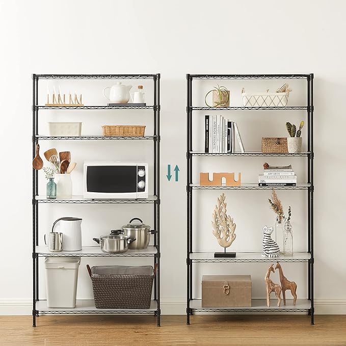 SONGMICS 6-Tier Storage Shelves, Wire Shelving Unit, Kitchen Metal Shelves, Storage Rack with Adjustable Shelves, Shelf Liners, 8 Hooks, for Garage, 13.8 x 35.4 x 69.7 Inches, Black ULGR096B01