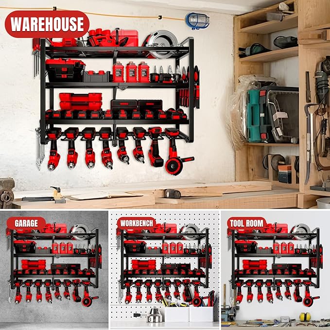 Large Power Tool Organizer Wall Mount, 4 Layer Heavy Duty 8 Cordless Drill Holder Tool Storage Rack, Load 400lbs Utility Power Tool Rack for Garage,Workbench,Workshop,Gifts for Men