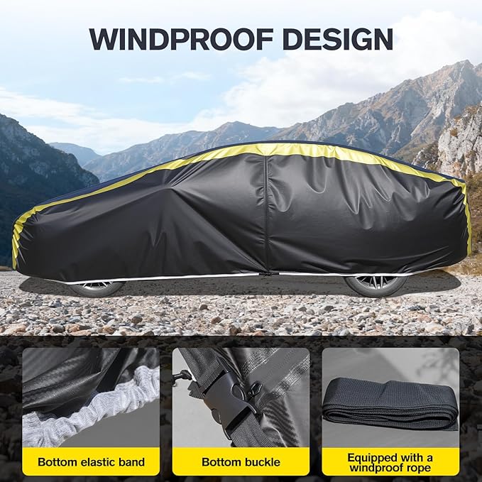 DINGHAO Car Cover Waterproof All Weather with Hot Stitching for Automobiles,6 Layers Outdoor Full Exterior Cover Sun UV Rain Snow Wind Protection Fit for 201"(201 * 75 * 59 inch) Sedan