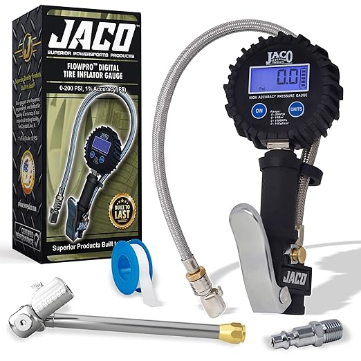 JACO FlowPro Digital Tire Inflator Gauge (200 PSI) with Lock-on Dually Air Chuck (Bundle Kit)