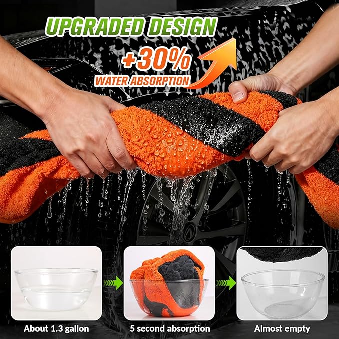 48”x24” Car Drying Towel, XXL Dual Sided Microfiber SUV Cleaning Towel 1300GSM Lint-Free & Scratch-Free Super Absorbent RV Drying Cloth Machine Washable (Black-BrightOrange)