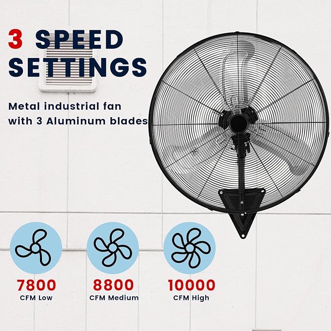 30 Inch Industrial Wall Mount Fan, Heavy Duty Oscillating Wall Mounted Fan with 10000 CFM, High Velocity 3 Speed Fans with Adjustable Tilting for Warehouse, Workshop, Garage, Patios, Commercial