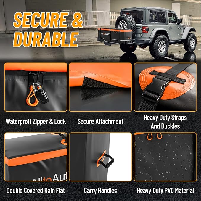 20 CuFt Waterproof Cargo Bag for Hitch Carrier | 60"x20"x29" Trailer Hitch Cargo Carrier | Weatherproof Truck Bed Storage with Straps, Lock & Carry Case | PVC Vehicle Soft-Shell Carriers