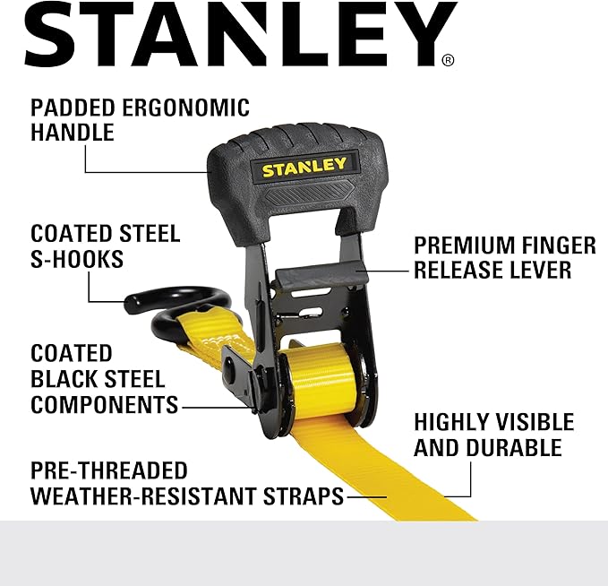 STANLEY S1020 1.25" x 16' Pre-Threaded Ratchet Straps - 1,000 LBS Safe Working Load / 3,000 LBS Break Strength, 2 Pack