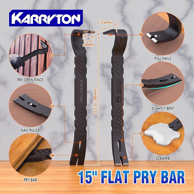 4-Piece Heavy-Duty Pry Bar Set – 12" & 10" Utility Claw Pry Bars, 15" Flat Pry Bar, 8" End Cutting Pliers | CR-V Steel Nail Puller Tool with Hammer-Function & Ergonomic Grip