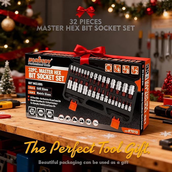 High Torque Master Hex Bit Socket Set, 32-Piece SAE & Metric Allen Socket Set, Premium S2 Alloy Steel, Durable Storage Case, 1/4", 3/8", 1/2" Drive, for Automotive & Mechanical Work