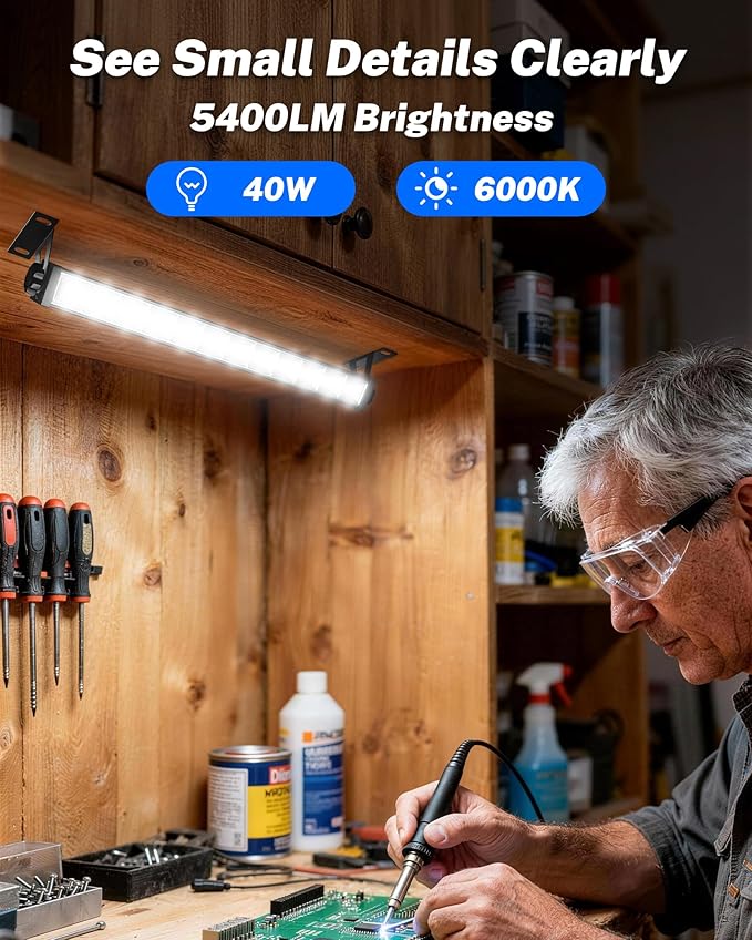 2 Pack LED Shop Lights, 40W 5400LM Plug in Garage Lights with 6.6FT Long Power Cord and On/Off Switch, 6000K Daylight White Work Light for Garage, Workshop, Warehouse