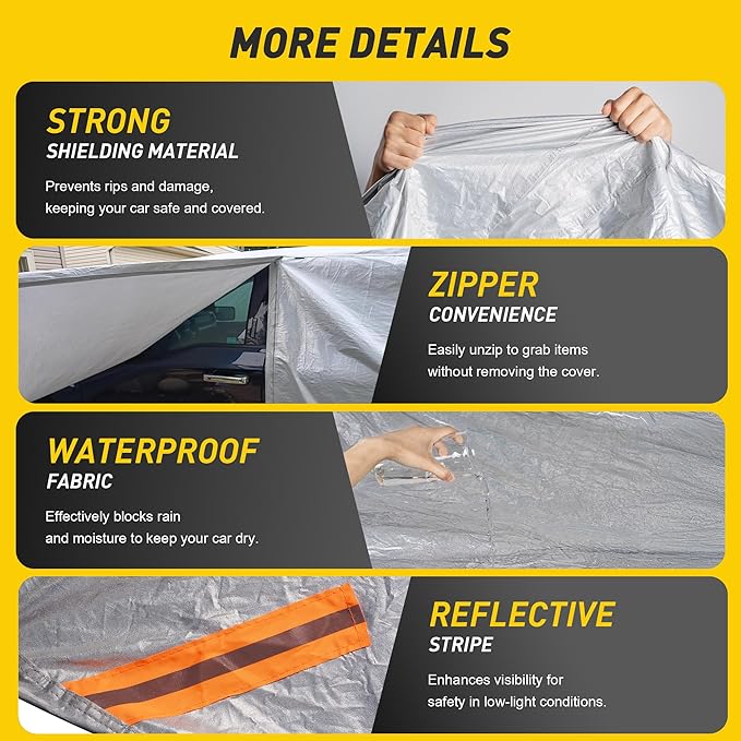 Caromop 10-Layer Waterproof Car Cover All Weather Protection (Snow, Rain, Sun) with Secure Fit Straps and Easy On/Off Zipper-Size T4 (See Size-Chart)