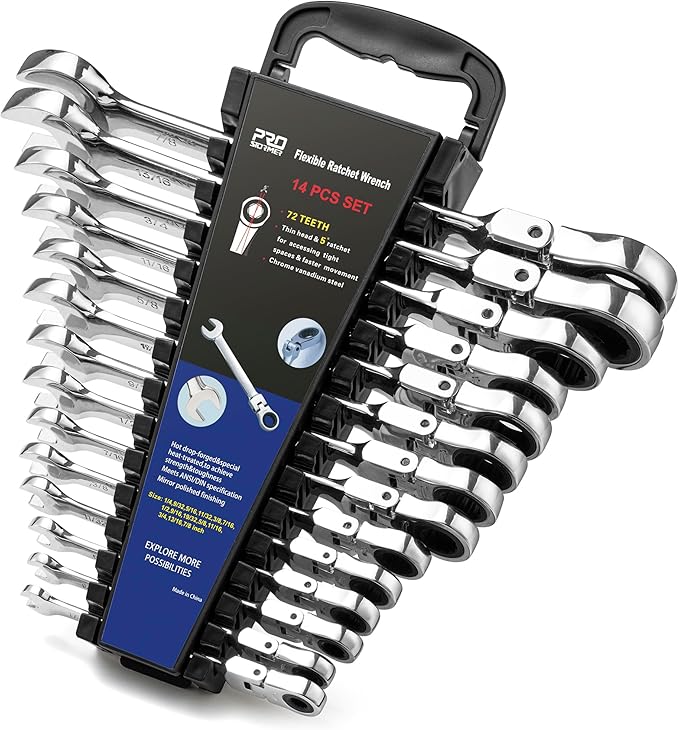 Prostormer Flex Head Ratcheting Wrench Set, SAE 1/4"-7/8",14-Piece Chrome Vanadium Steel Combination Wrench Set with Rack