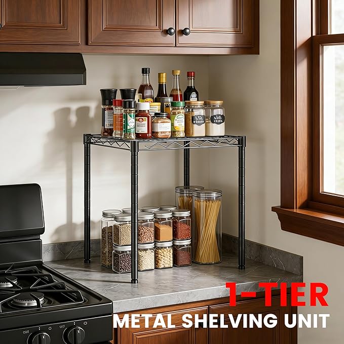 Xcity Storage Shelves, 1 Tier Heavy Duty Metal Shelving Unit, 350 LBS Capacity Adjustable Steel Wire Shelf Organizer for Pantry, Kitchen, Garage, 14" D x 14" W x 15" H, Black