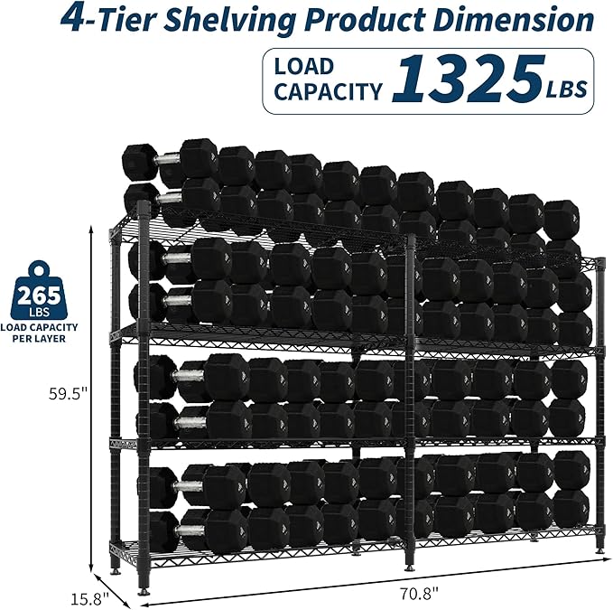 GarveeHome 70.8" W Storage Shelves Metal Shelving Unit, 1060 LBS Heavy Duty Wire Shelving 4-Tier L-Shaped Storage Rack with Adjustable Shelf for Pantry Kitchen Corner Bedroom