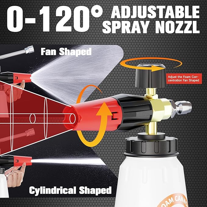 High-Pressure Washer Foam Cannon Accessory, Features a Dual-Connector Design, Includes a 1-Liter Capacity Bottle, 5 nozzles, and an Extension Rod. The Spray Bottle Capacity is 1 Liter/0.26 gallons