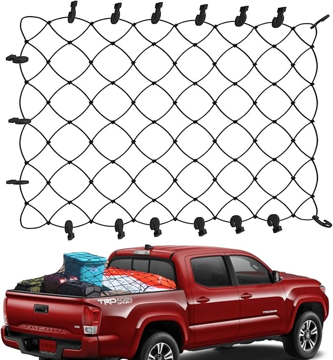 TacoNets Cargo Net for Toyota Tacoma Short Bed - Fits 2005-2025 - Patented Bed Rail Integration - Heavy Duty 8mm Premium Bungee 3'x4' Cargo Netting - Designed in USA