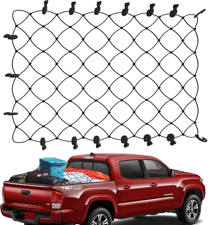 TacoNets Cargo Net for Toyota Tacoma Long Bed - Fits 2005-2025 - Patented Bed Rail Integration - Heavy Duty 8mm Premium Bungee 3'x5' Cargo Netting - Designed in USA