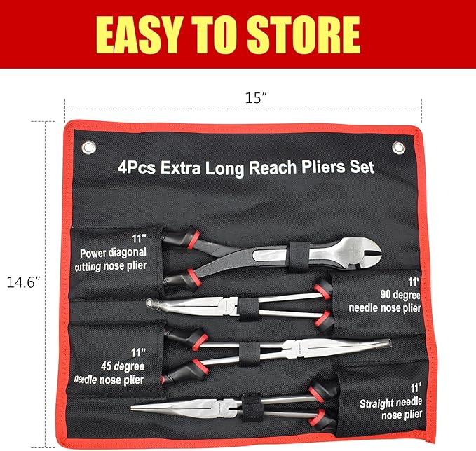 TOOLEAGUE 4Pcs Extra Long Needle Nose Pliers Set,11" Long Reach Straight,45/90 Degree Bent Nose,Diagonal Pliers Craft Repairing Tool