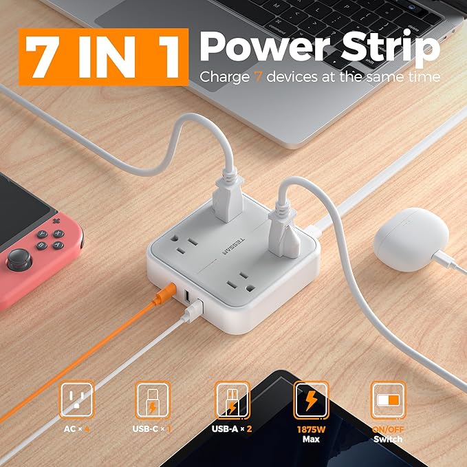 TESSAN Surge Protector Flat Extension Cord 5Ft, Flat Plug Power Strip with 4 Outlets 3 USB Ports (1 USB C), 1875W 15A, 900 Joules Protection, Multiple Wall Outlet Extender Suitable for Home, Grey