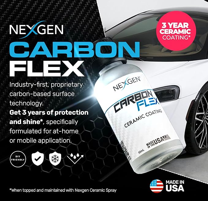 Nexgen Carbon Flex – Ceramic Coating Up to 3-Year - Professional Grade Nano Ceramic Coating for Cars - SIO2 Protection, UV & Chemical Resistant, High Gloss Finish for Paint and Glass - 50ml