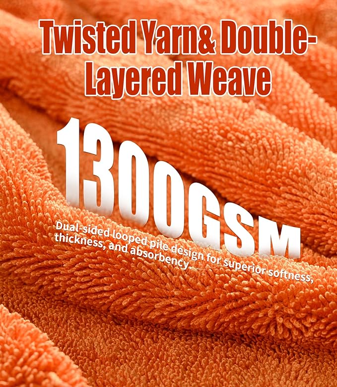 2-Pack Car Drying Towels 24x36 Inch 1300GSM, Twisted Loop Microfiber Cloth for Auto Detailing - Super Absorbent, Lint-Free & Streak-Free for SUV, Truck & Window（Gray-Orange）