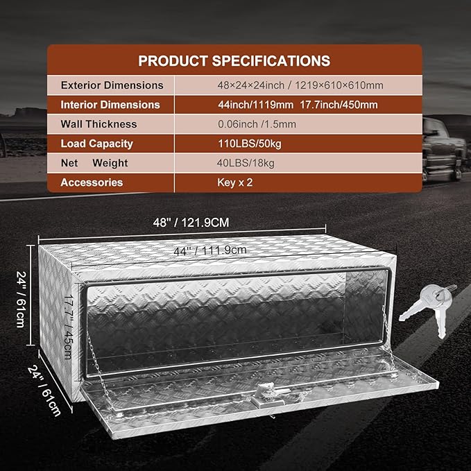 VEVOR Underbody Truck Box, 48"×24"×24" Pickup Storage Box, Heavy Duty Aluminum Diamond Plate Tool Box with Lock and Keys, Waterproof Trailer Storage Box with T-Handle Latch for Truck, Van, Trailer