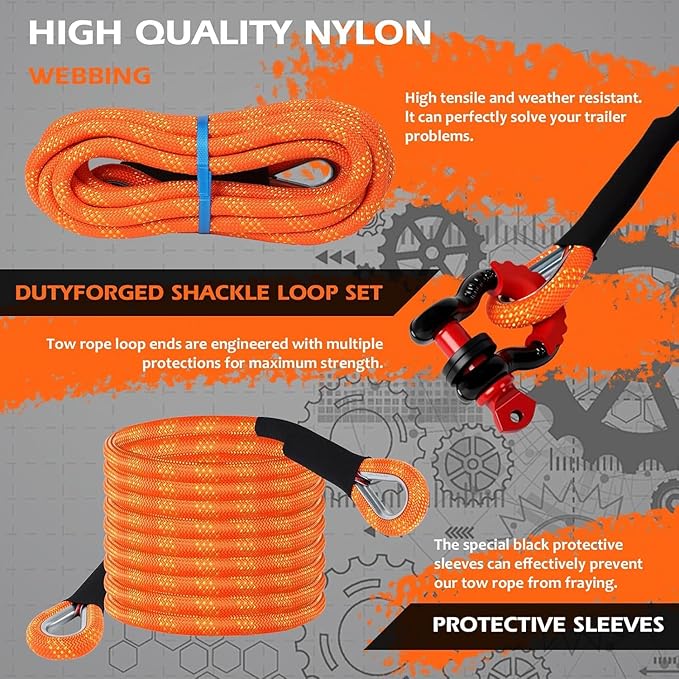 Longzhuo Kinetic Recovery Rope 48000lbs, 1" x 24ft Tow Rope with D Metal Ring Shackles, Heavy Duty Offroad Towing Straps Kit, 30+% Elasticity Tow Ropes for Trucks SUV UTV ATV Tractor Car Jeep,2 Gloves