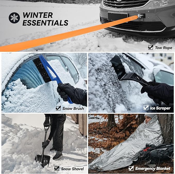 Car Emergency Kit with Portable Air Compressor, Winter Car Safety Roadside Assist Kit, Emergency Car Kit for Cars, Trucks