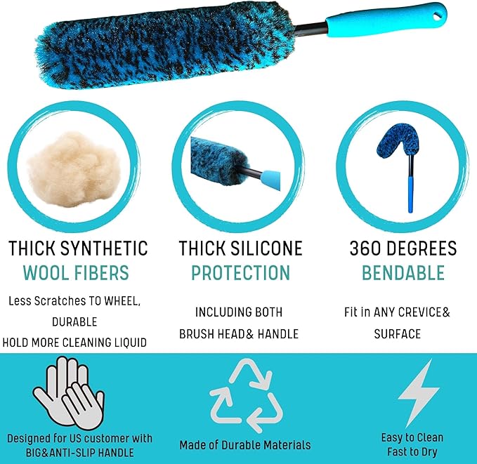 oesee PRO Choice 4 Pack Long Handle Wheel Brush Kit for Cleaning Wheel and Tire- 2X Soft Wheel Cleaning Brush, Detailing Brush and Stiff Tire Brush