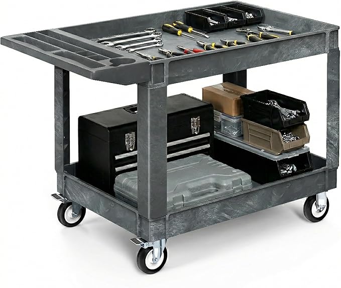 YITAHOME 2 Tier Heavy Duty Plastic Utility Cart 45 x 25 Inch, Rolling Work Cart w/Deep Shelves & 360° Swivel Wheels(2 Brake), Plastic Tool Cart Suitable for Warehouse, Garage, Office, Cleaning, Gray