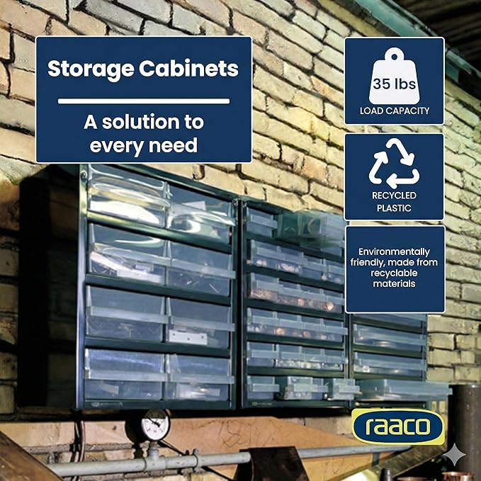 Raaco Steel Storage Cabinet, Compact 16-Drawer, Clear Polypropylene Plastic Drawer – Small Parts Organizer, Screws, Nuts & Bolts, Crafts & Hardware – Tool Cabinet for Workbench & Wall Storage (C6-16)