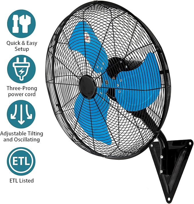 AZOUTDOOR Wall Mount Fan 7000 CFM, 20" High Velocity Wall Oscillating Fan 3-Speed Industrial Walls Fans for Indoor, Ercial, Residential, Industrial, Warehouse, Greenhouse, Workshop, Basement Use-ETL